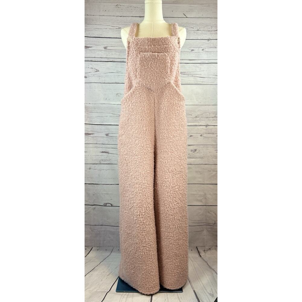 Halara Teddy Fuzzy Overalls Women M Pink Plush Wide Leg Romper Jumpsuit - Picture 1 of 5